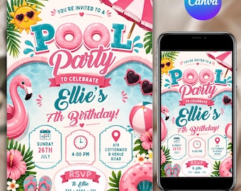 Pool Party Birthday Invitation Template, Pink Coquette Pool Party Invite, Editable Summer Swim Birthday Canva Template, Digital Download