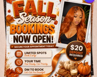 September Booking Flyer, September flyer, Fall Booking Flyer, September Books Open, Wig Install, Lash Nail Braids Flyer, Editable in Canva
