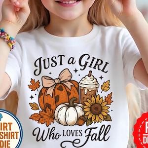 Maglietta autunnale per ragazze, Maglietta di Halloween "Just a Girl Who Loves Fall", Maglietta con zucca e caffè, Maglietta autunnale carina, Maglietta grafica autunnale, Outfit autunnale per ragazze