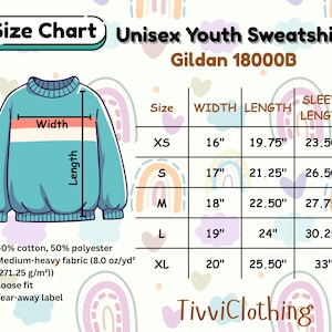 May include: A size chart for a Unisex Youth Sweatshirt, Gildan 18000B, with measurements in inches. The chart includes sizes XS to XL, detailing width, length, and sleeve length. The sweatshirt is light blue with a white and coral stripe. The fabric is 50% cotton, 50% polyester.