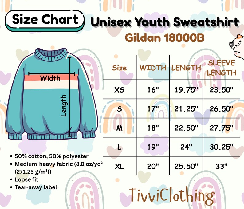 May include: A size chart for a Unisex Youth Sweatshirt, Gildan 18000B, with measurements in inches. The chart includes sizes XS to XL, detailing width, length, and sleeve length. The sweatshirt is light blue with a white and coral stripe. The fabric is 50% cotton, 50% polyester.