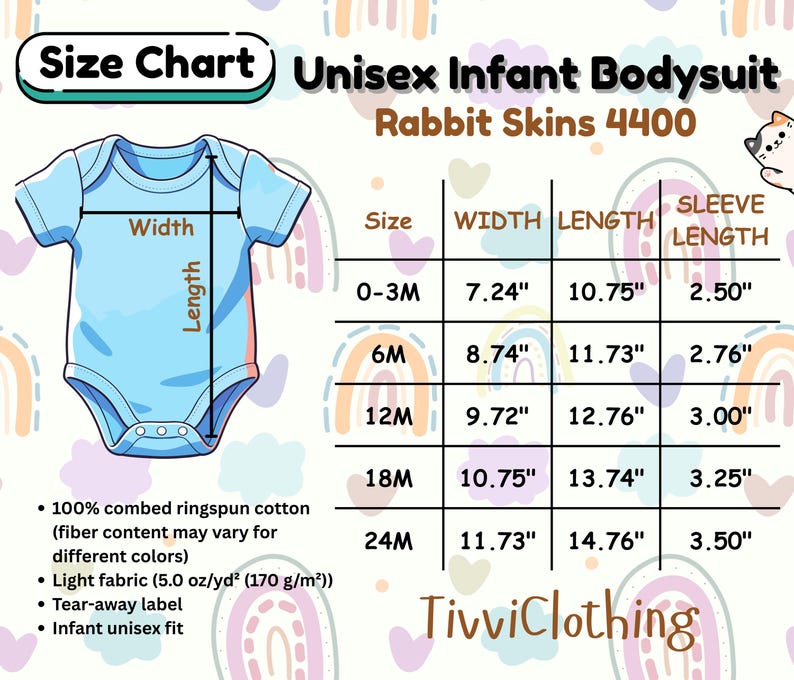 May include: A light blue unisex infant bodysuit size chart. The chart includes measurements for width, length, and sleeve length in inches for sizes 0-3M to 24M. The bodysuit is made of 100% combed ringspun cotton and is a light fabric.