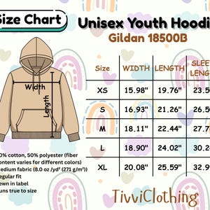 May include: A tan Unisex Youth Hoodie size chart with measurements in inches. The Gildan 18500B hoodie has width, length, and sleeve length measurements for sizes XS to XL. The chart also includes fabric details and the TivviClothing logo.