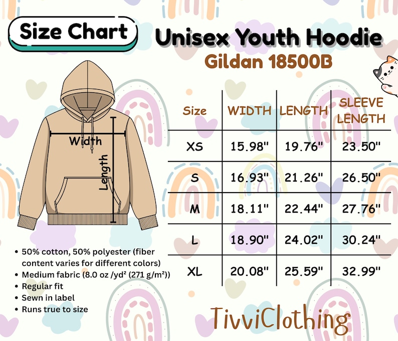 May include: A tan Unisex Youth Hoodie size chart with measurements in inches. The Gildan 18500B hoodie has width, length, and sleeve length measurements for sizes XS to XL. The chart also includes fabric details and the TivviClothing logo.