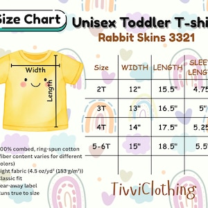 May include: A yellow Unisex Toddler T-shirt with a smiling face graphic. The size chart shows measurements in inches for sizes 2T to 5-6T. The shirt is made of combed, ring-spun cotton and has a classic fit.