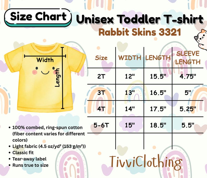 May include: A yellow Unisex Toddler T-shirt with a smiling face graphic. The size chart shows measurements in inches for sizes 2T to 5-6T. The shirt is made of combed, ring-spun cotton and has a classic fit.