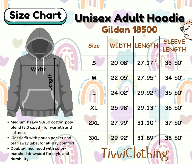 May include: A size chart for a Unisex Adult Hoodie, Gildan 18500, with measurements in inches for width, length, and sleeve length. The chart includes sizes S to 3XL. The hoodie features a classic fit, pouch pocket, and double-lined hood.