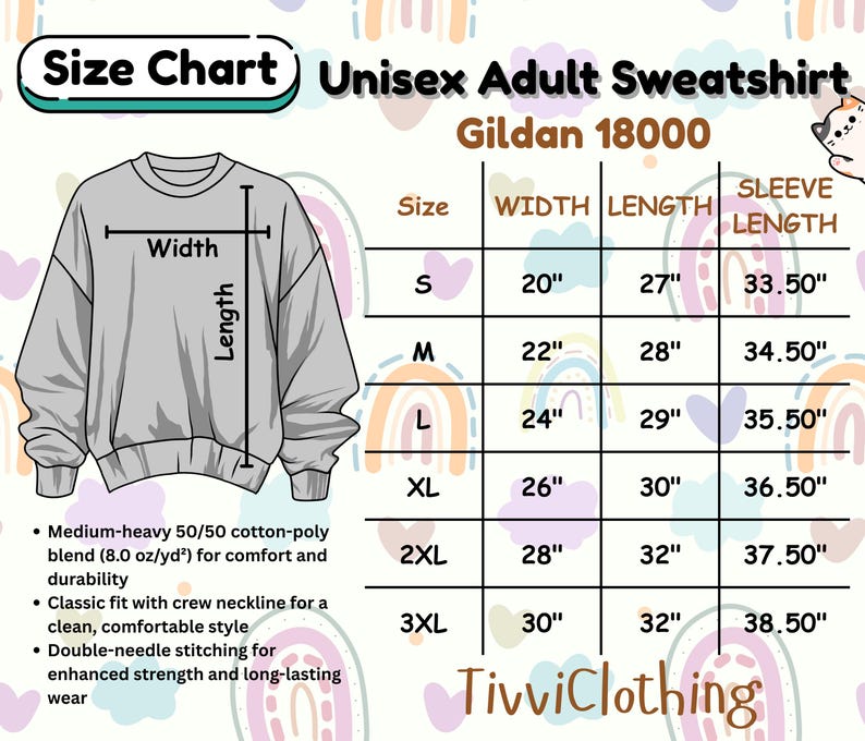 May include: A size chart for a Unisex Adult Sweatshirt, Gildan 18000, with measurements in inches. The chart includes sizes S to 3XL, detailing width, length, and sleeve length. The sweatshirt is shown in a light gray color.