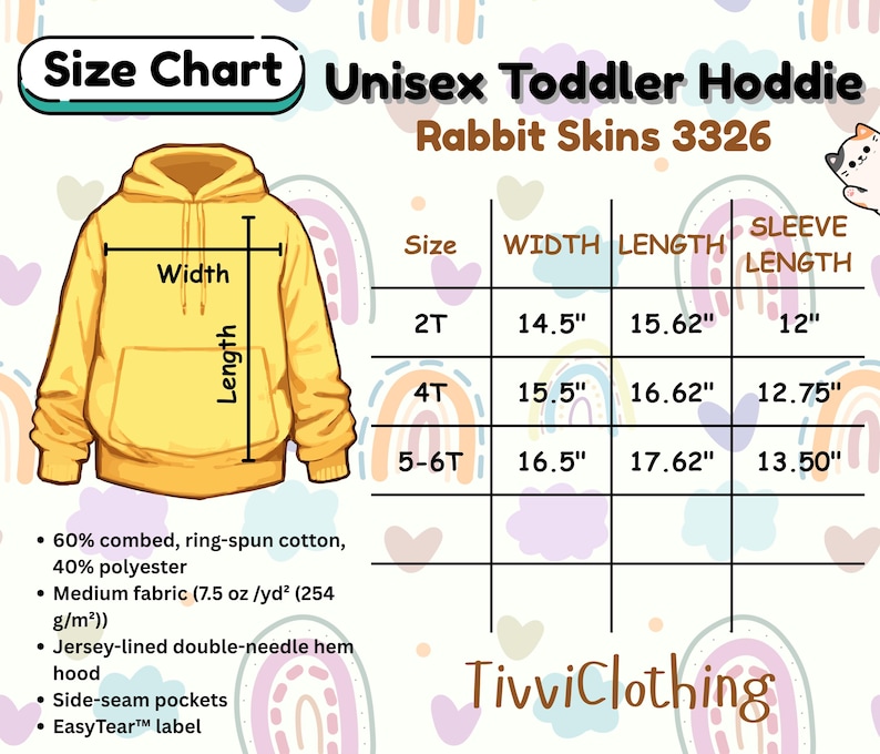 May include: A yellow unisex toddler hoodie size chart with measurements in inches. The chart includes sizes 2T, 4T, and 5-6T, with width, length, and sleeve length measurements. The hoodie is made of cotton and polyester.