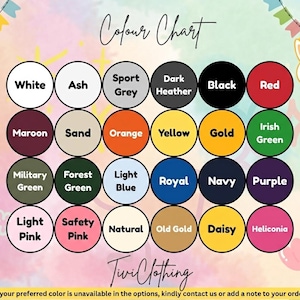 May include: A color chart with a variety of colors, including white, black, red, and green, arranged in circles. The text "Colour Chart" is at the top. The brand name "Tivi Clothing" is at the bottom, along with a message about unavailable colors.
