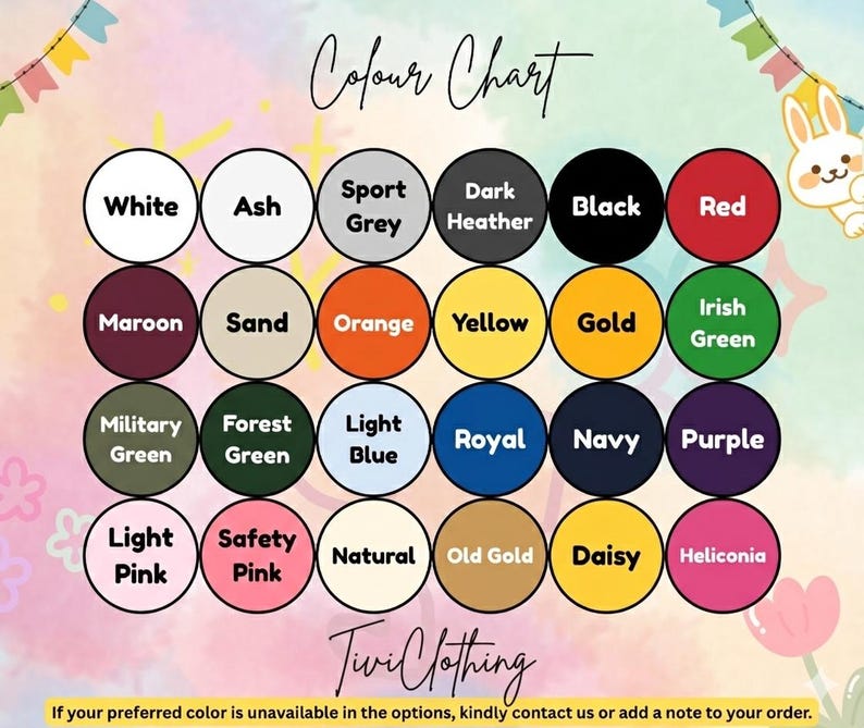 May include: A color chart with a variety of colors, including white, black, red, and green, arranged in circles. The text "Colour Chart" is at the top. The brand name "Tivi Clothing" is at the bottom, along with a message about unavailable colors.