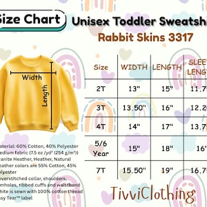 May include: A yellow unisex toddler sweatshirt with a size chart. The chart shows measurements for sizes 2T to 7T, including width, length, and sleeve length in inches. The sweatshirt is made of cotton and polyester.