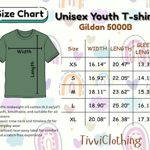 May include: Size chart for a Unisex Youth T-shirt, Gildan 5000B. Measurements in inches for width, length, and sleeve length are provided for sizes XS to XL. Features include 100% midweight US cotton, a classic crew neck, and a tear-away label. The brand name TivviClothing is at the bottom.