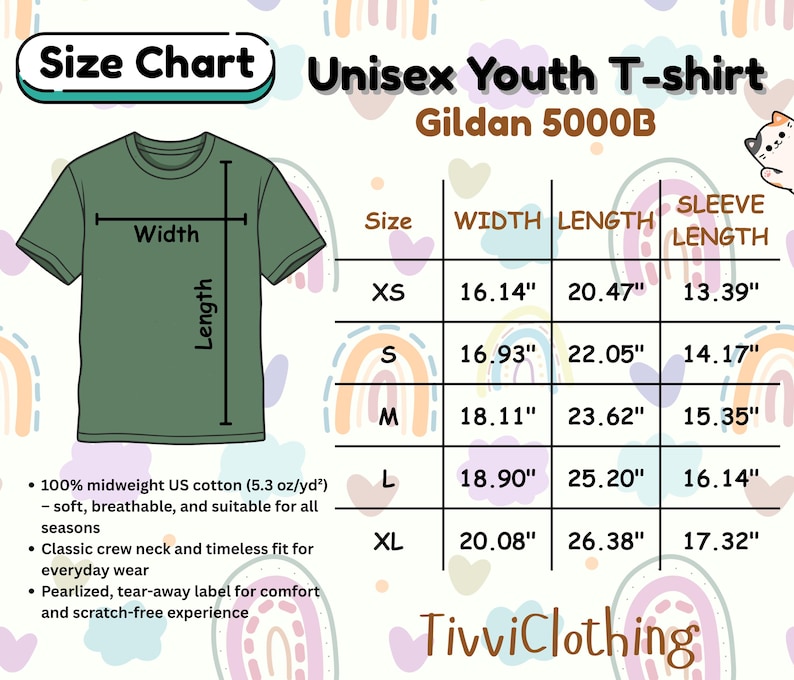 May include: Size chart for a Unisex Youth T-shirt, Gildan 5000B. Measurements in inches for width, length, and sleeve length are provided for sizes XS to XL. Features include 100% midweight US cotton, a classic crew neck, and a tear-away label. The brand name TivviClothing is at the bottom.