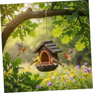 Comedero para pájaros de estilo rústico – Decoración de jardín de resina con aspecto de madera, casita para pájaros silvestres en el balcón