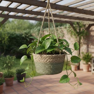 Op de afbeelding: Een hangende geweven mand met een tweekleurig ontwerp, beige aan de bovenkant en groen aan de onderkant, opgehangen aan een natuurlijk touw. De mand is gevuld met weelderige groene planten met hartvormige bladeren, perfect voor binnen- of buitendecoratie.
