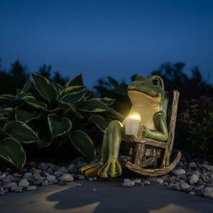 May include: A whimsical frog statue, painted in shades of green and cream, sits in a wooden rocking chair. The frog holds a glowing candle, illuminating its face. The statue is placed outdoors, surrounded by plants and small rocks.