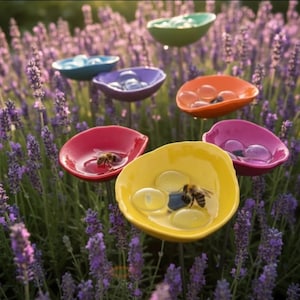Bee Watering Station with Flower Garden Stake – Butterfly Puddler, Wildlife Water Bowl, Pollinator Waterer & Insect Feeder