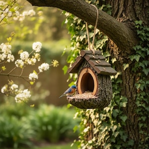 May include: A wooden birdhouse with a bark-effect exterior hangs from a tree branch. A small bluebird is perched on the edge, feeding on seeds. The birdhouse has a round opening and a small, shingled roof, blending with the natural surroundings.