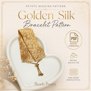 Patrón de pulsera de seda dorada / Peyote de conteo impar, Miyuki Delica (Descarga en PDF)
