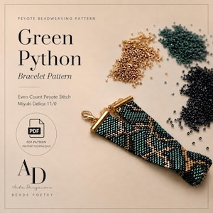 May include: A peyote beadweaving pattern titled Green Python Bracelet Pattern for even count peyote stitch using Miyuki Delica 11/0 beads. The image displays a finished bracelet with a green, black, and gold geometric pattern and loose beads.