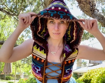 Mushroom Vest -MADE TO ORDER -Free Domestic Shipping, gifts for her, fae fairy hood hippie boho shrooms