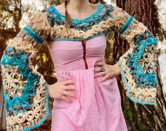 Crop Shrug sweater spring Easter sweater shrug crop bolero turquoise teal hippie fantasy magical Women boho fashion festival MADE TO ORDER