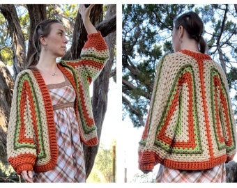 Earthy Oversized Cardigan, small/medium -READY TO SHIP -Free Domestic Shipping, puff sleeves puffy jacket gifts for her, green tan orange