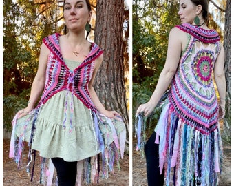 Vest Fae Fringe vest pink fae vest colorful rainbow vest kaleidoscope fantasy woodlands magical Women lace up boho fashion READY TO SHIP