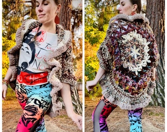 Shrug Flower of Life shrug brown sweater shrug neutral sweater shrug hippie fantasy shrug magical Women boho fashion festival READY TO SHIP