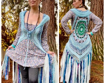 Vest Fae Fringe sea foam vest fae colorful teal vest kaleidoscope fantasy woodlands vest magical Women lace up boho fashion READY TO SHIP