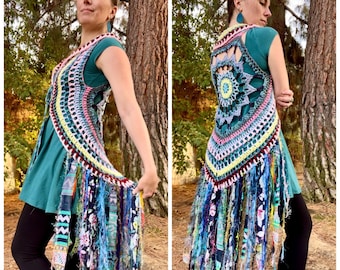 Vest Fae Fringe vest ocean fae vest fringe rainbow vest kaleidoscope fantasy woodlands magical Women lace up boho fashion READY TO SHIP