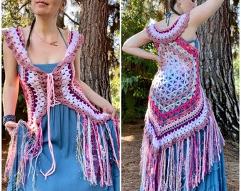 Pink Flower of Life Fae Vest -MADE TO ORDER -Free Domestic Shipping, hippie fairy fantasy magical Women lace up boho fashion festival