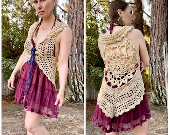 Neutral Forest Fae Vest -READY TO SHIP -Free Domestic Shipping, hippie fairy fantasy magical Women lace up boho fashion music festival