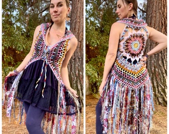 Vest Fae Fringe vest boho fae vest blue vest rainbow vest kaleidoscope fantasy woodlands magical Women lace up boho fashion READY TO SHIP