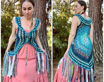Teal Turquoise Flower of Life Fae Vest -MADE TO ORDER -Free Domestic Shipping, hippie fairy fantasy Women lace up boho fashion festival