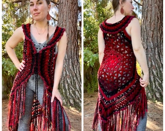 Custom Red Flower of Life Fae Vest -MADE TO ORDER -Free Domestic Shipping, hippie fairy fantasy magical Women lace up boho fashion festival