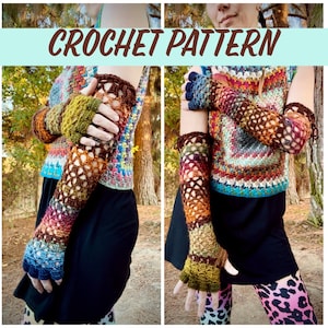 May include: Crochet pattern featuring a colorful, open-weave arm warmer design. The arm warmers display a gradient of colors, including blue, green, brown, and orange. The text "CROCHET PATTERN" is displayed at the top of the image.