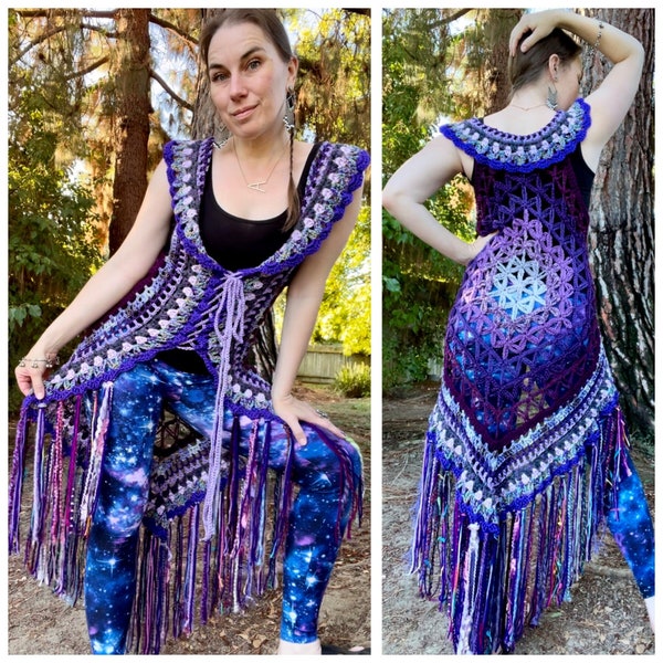 Purple Flower of Life Fae Vest -MADE TO ORDER -Free Domestic Shipping, hippie fairy fantasy magical Women lace up boho fashion festival