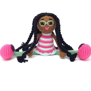 African American Doll MADE TO ORDER Free domestic shipping, plush Black Braids Glasses Pink Green Stripes Stuffed Baby Girl Kids Children image 1
