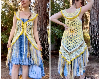 Yellow Flower of Life Fae Vest -READY TO SHIP -Free Domestic Shipping, hippie fairy fantasy magical Women lace up boho fashion festival