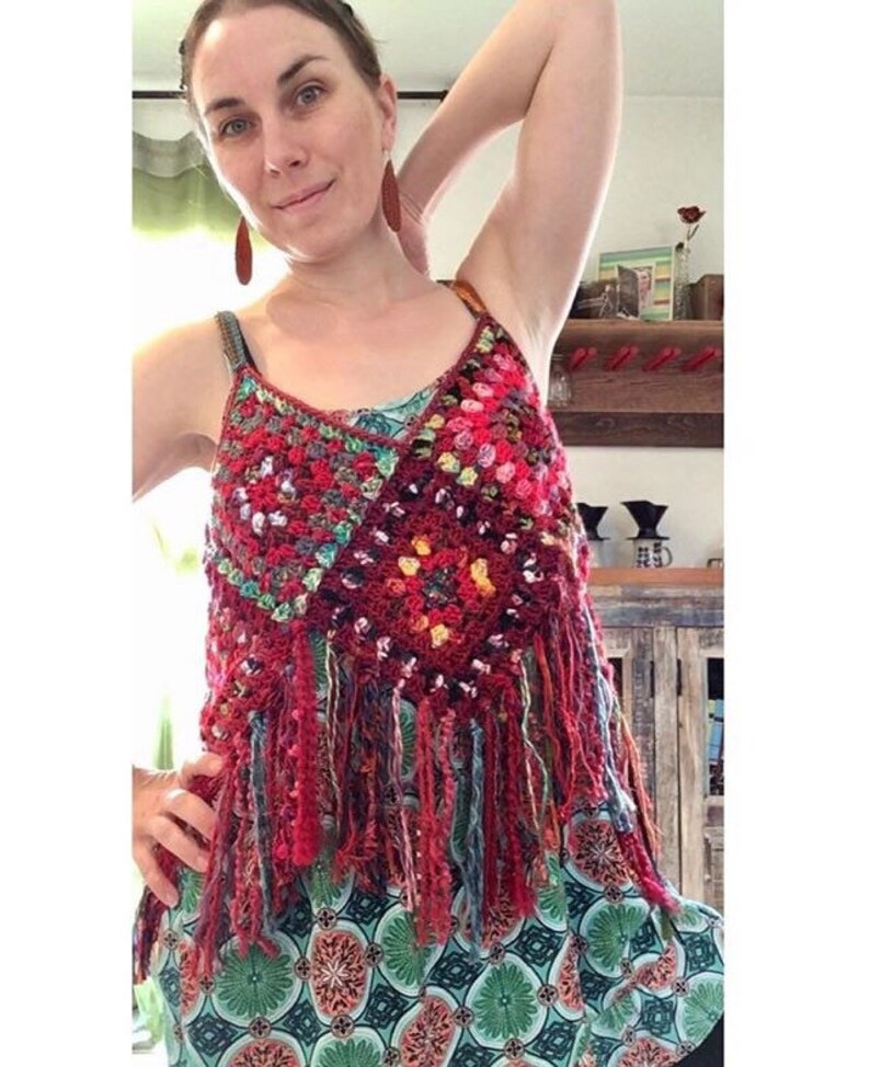Fringe Crop Top Free Domestic Shipping red granny square tank top boho hippie festival women crochet retro READY TO SHIP