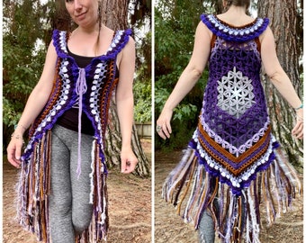 Purple and Brown Flower of Life Fae Vest -MADE TO ORDER -Free Domestic Shipping, hippie fantasy magical Women boho fashion festival caramel