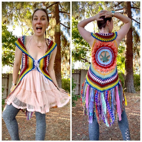 Mary Jane Vest Fae pot hippie marijuana leaf fashion Fringe vest rainbow  fae vest kaleidoscope fantasy woodlands boho fashion MADE TO ORDER