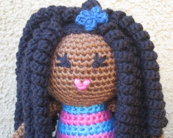 CROCHET PATTERN - African Curly Haired Doll Plush Amigurumi Locks Dreads Natural Black Hair Stuffed Toy Baby Girl tutorial PDF