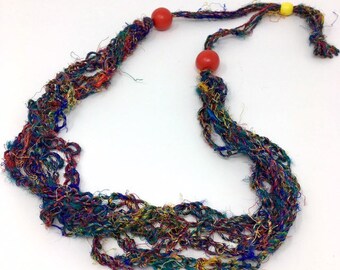 Crochet Necklace -BOGO CLEARANCE (buy 1 get 1) Free Domestic Shipping, recycled silk saris boho hippie summer jewelry handmade jewelry