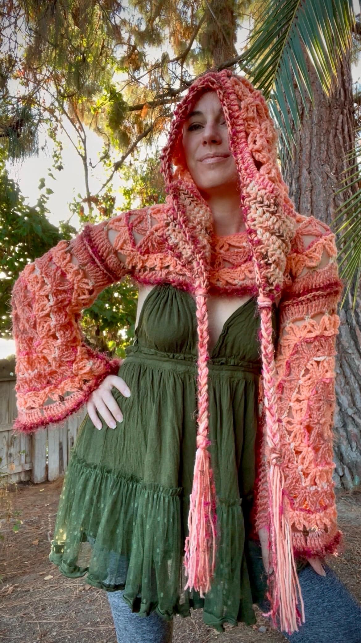 Hood Peach Hat Unisex Art Fringe Boho Pixie Hippie Hood Handmade