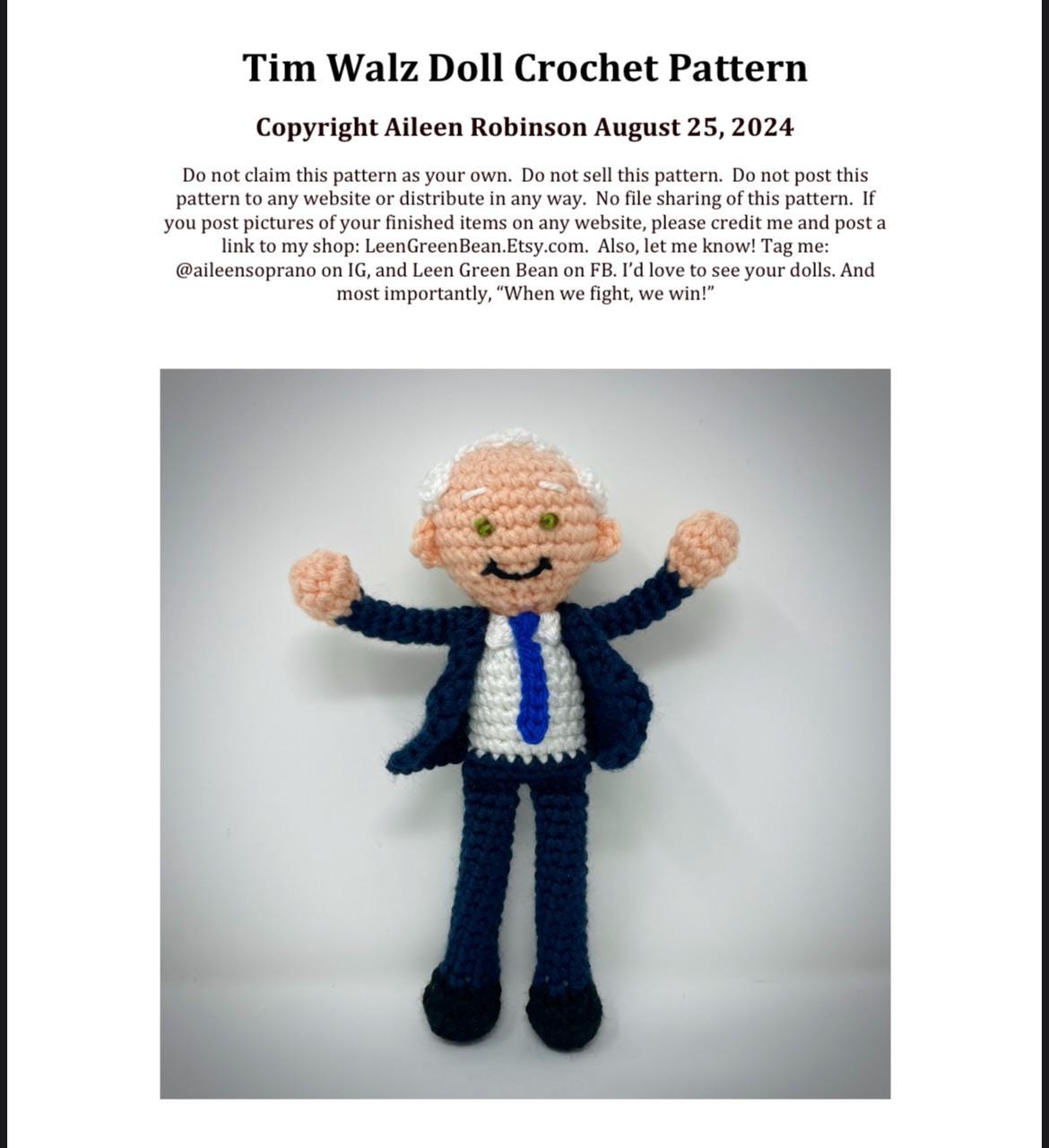 Tim Walz Doll Crochet Pattern Coach Walz Doll Crochet Pattern