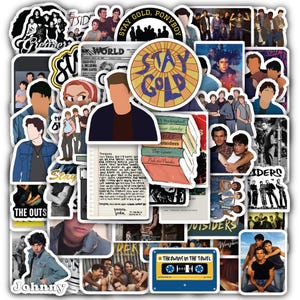 May include: A collection of stickers featuring images and text from the movie "The Outsiders." Stickers include character illustrations, quotes, and the phrase "Stay Gold." The stickers are in various shapes and sizes, with a vintage aesthetic.