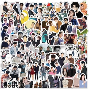 May include: A collection of colorful stickers featuring various people in different poses and outfits. The stickers showcase a variety of styles, including illustrations and photographs. Some stickers have text, and the overall theme appears to be related to Korean dramas.